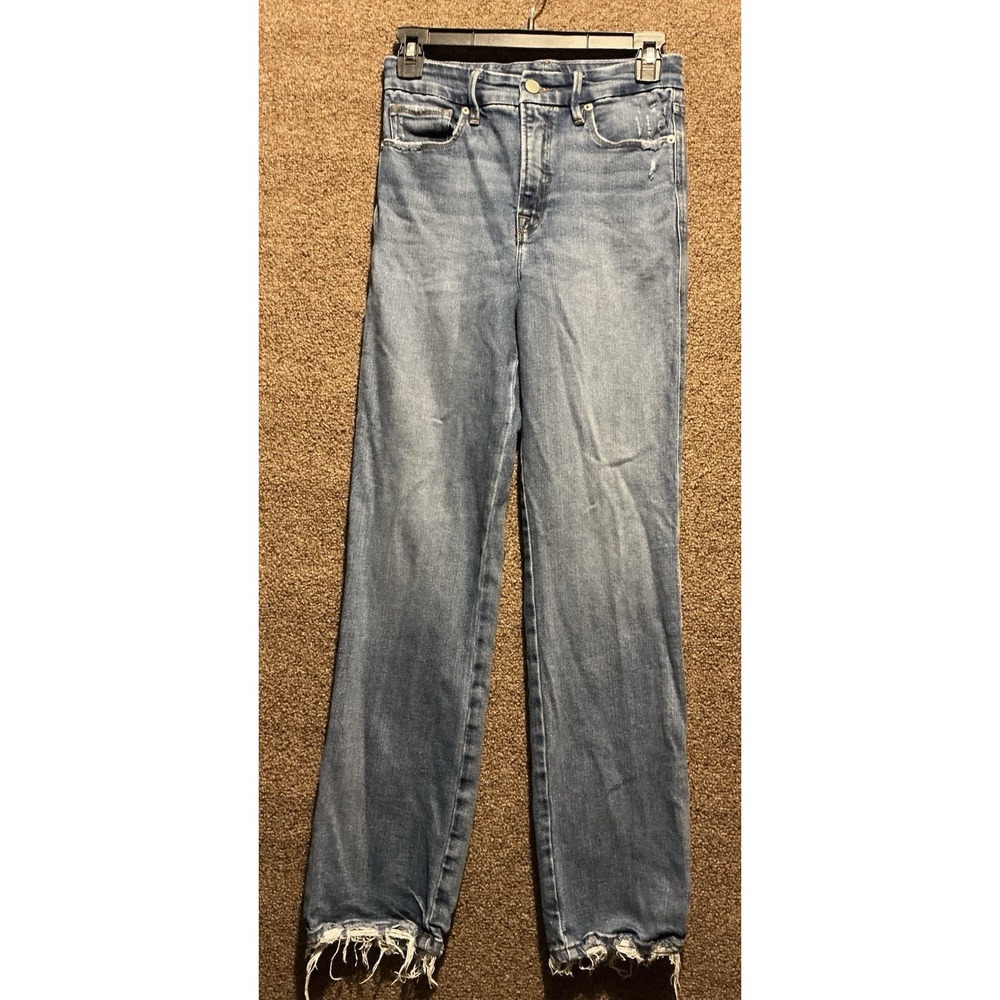 Good American Womens 2/26‎ Blue Medium Wash High Rise Raw Hem Straight Leg Jeans